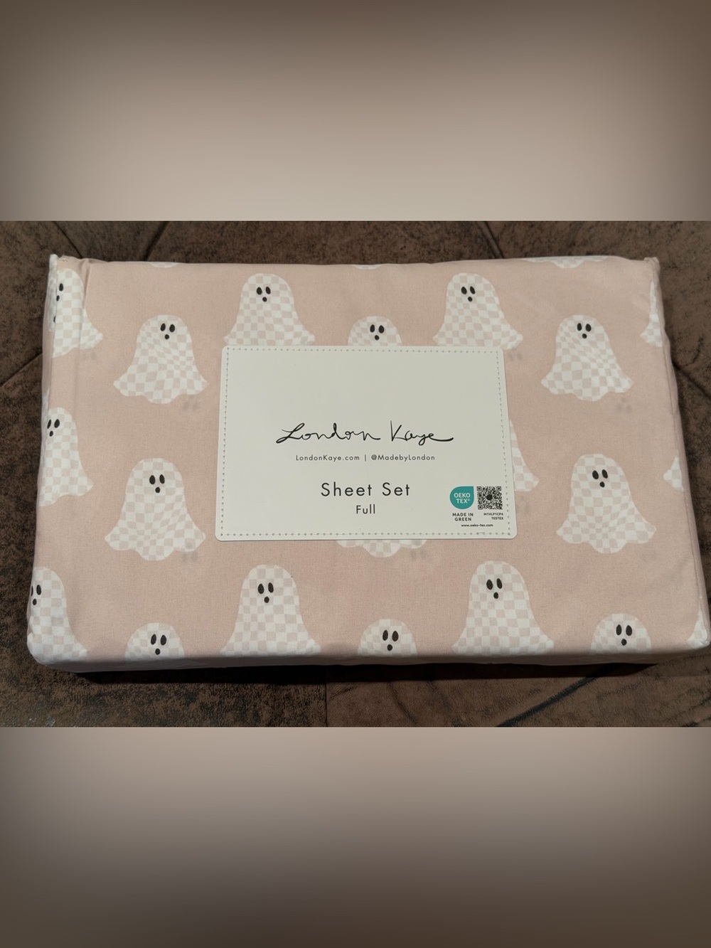 Halloween Blush Nude Pink Checkerboard GHOST Sheet Set Full Size NWT Ghosts Bed